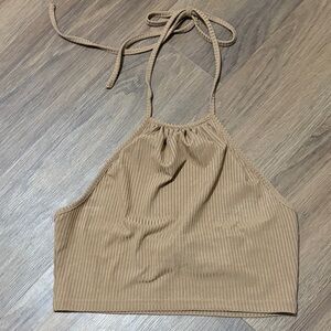 Tan Halter Neck Ribbed Crop Top